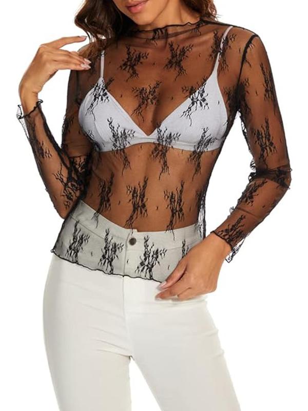 Women's Floral Lace Semi-sheer Top, Elegant Long Sleeve Top for Beach Vacation Holiday, Ladies Clothes for All Seasons