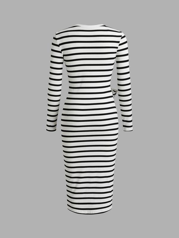 YOZY Black Friday Deals, [size 4-14] Striped Print Knot Side Midi Dress  Casual Long Sleeve Round Neck Dress, 2024 Women's All Seasons Outfits for Daily Wear,  Thanksgiving Clothes, Christmas 2024 Trend, Thanksgiving Clothes, Fall Clothes, Winter Clothes