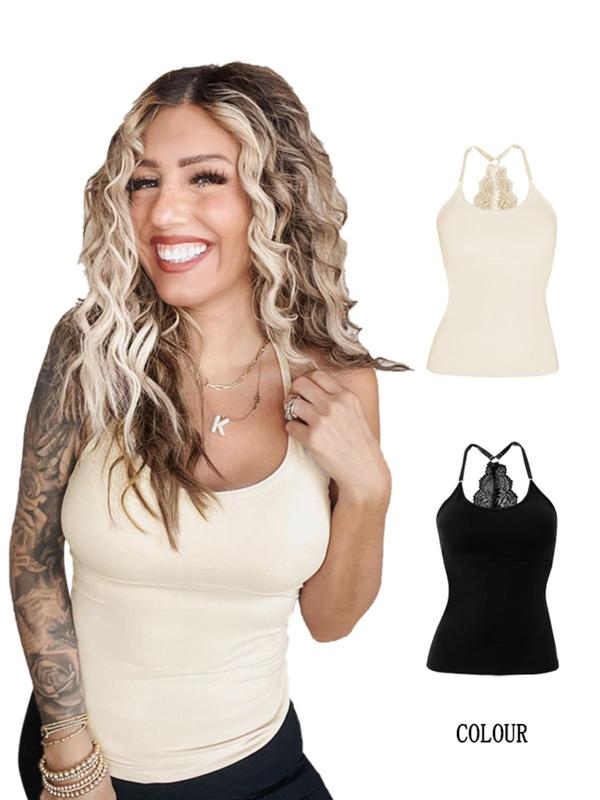 Two-piece Set Pack Women's Contrast Lace Backless Cami Top, Casual Sleeveless Spaghetti Strap Top for Daily Wear, Ladies Clothes for All Seasons