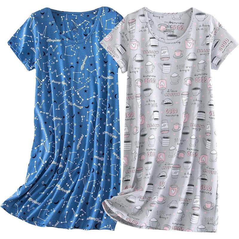 2 Pack Nightgowns for Women, Cotton Short Sleeve Sleep Shirts Comfy Soft Nightshirt Women Pajama Sleepwear