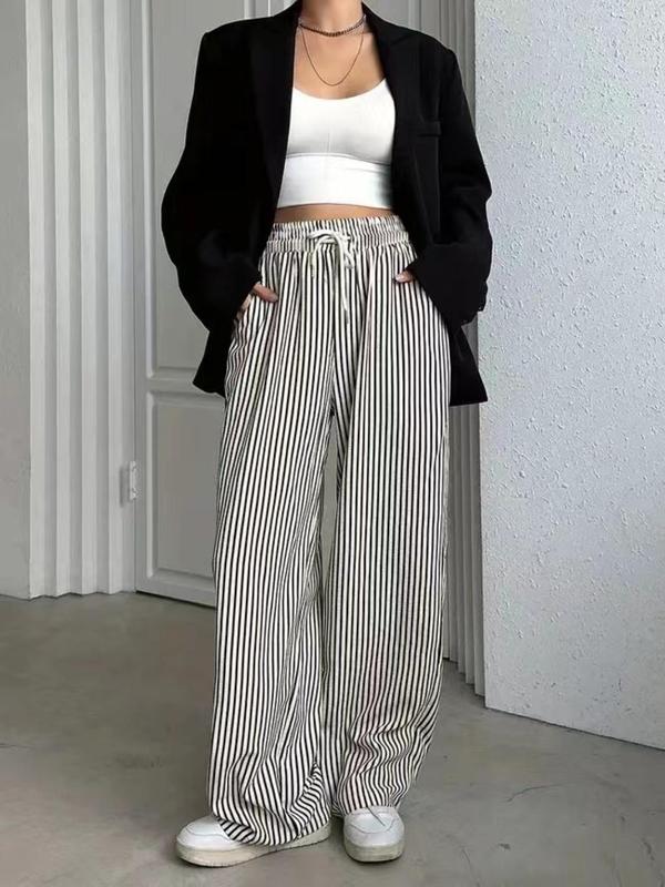 Women's Striped Print Drawstring Waist Wide Leg Pants, Casual Pocket Trousers for Summer, Women's Bottoms for Daily Wear