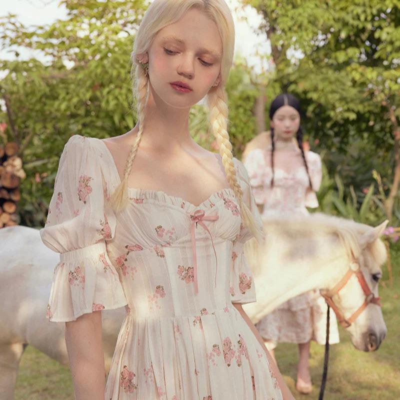 Rose's Smile Corset Dress Ⅱ - Pink Crushed Flower Fishbone Dress Women 2024 Summer French v Neck Printed Long Midi Dresses