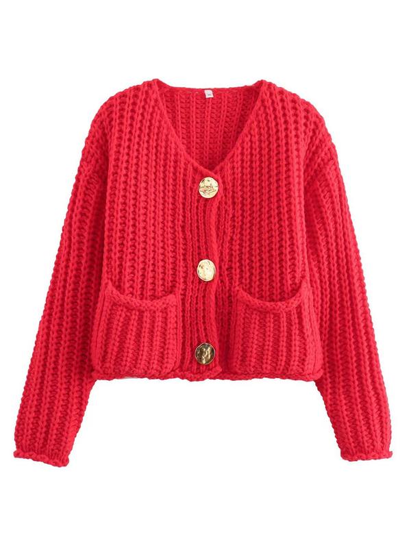 Women's Plain Button Front Pocket Sweater Cardigan, Casual Long Sleeve V Neck Knitwear for Fall & Winter, Fashion Ladies' Knit Clothing for Daily Wear