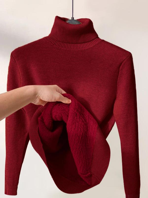 Women's Solid Thermal Lined High Neck Sweater, Winter Clothes Women, Comfort Solid Long Sleeve Turtle Neck Knitting Jumper, Sweaters for Women, Women Knit Top, Knitwear for Lady, 2024 Fall Fashion, Casual Outftit Ideas, Women's Clothing, Fall Outfits