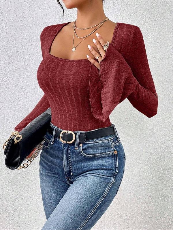 Women's Plain Ruffle Trim Flounce Sleeve Tee, Elegant Square Neck Long Sleeve T-shirt for Spring & Fall, Women's Clothing for Daily Wear