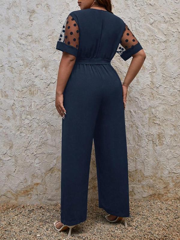 Plus Size Contrast Polka Dot Mesh Belted Wrap V Neck Wide Leg Jumpsuit, Casual Short Sleeve Jumpsuit for Summer, Women's Plus Clothing for Daily Wear