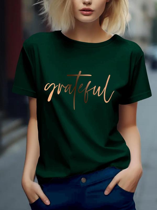 Women's Letter Print Shortsleeve T-shirt, Summer Clothes Women, Graphic Tees, Casual Comfort Graphic Round Neck Tee for Summer, Lady Top for Daily Womenswear