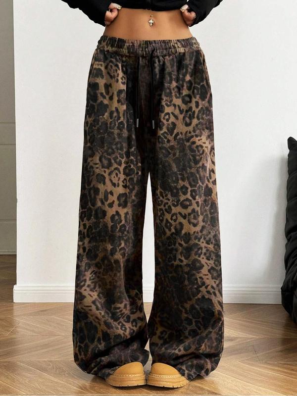 Women's Leopard & Camo Print Drawstring Waist Sweatpants, Casual Pocket Wide Leg Trousers for Daily Wear, Ladies Bottoms for All Seasons