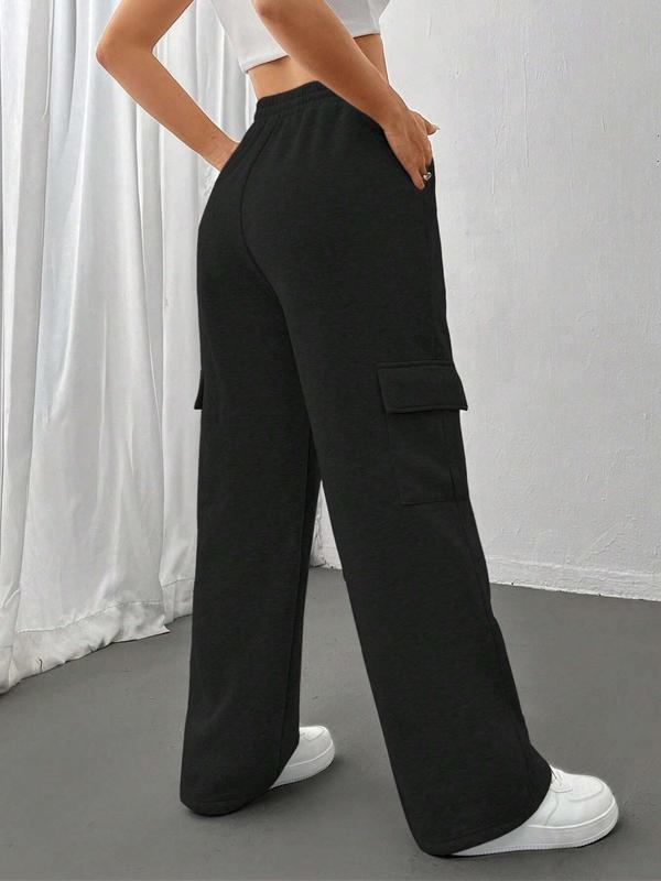 Women's Plain Drawstring Waist Thermal Lined Wide Leg Pants, Casual Pocket Design Trousers for Fall & Winter, Women's Bottoms for Daily Wear