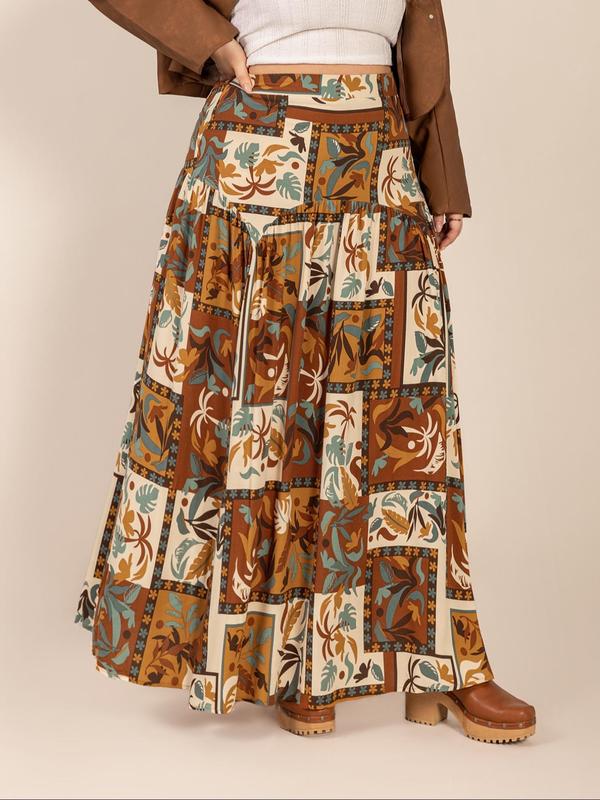  Patchwork Print A Line Skirt, Boho Fashion Casual Long Skirt for Daily Holiday Vacation Wear, Women's Bottoms for Fall & Winter