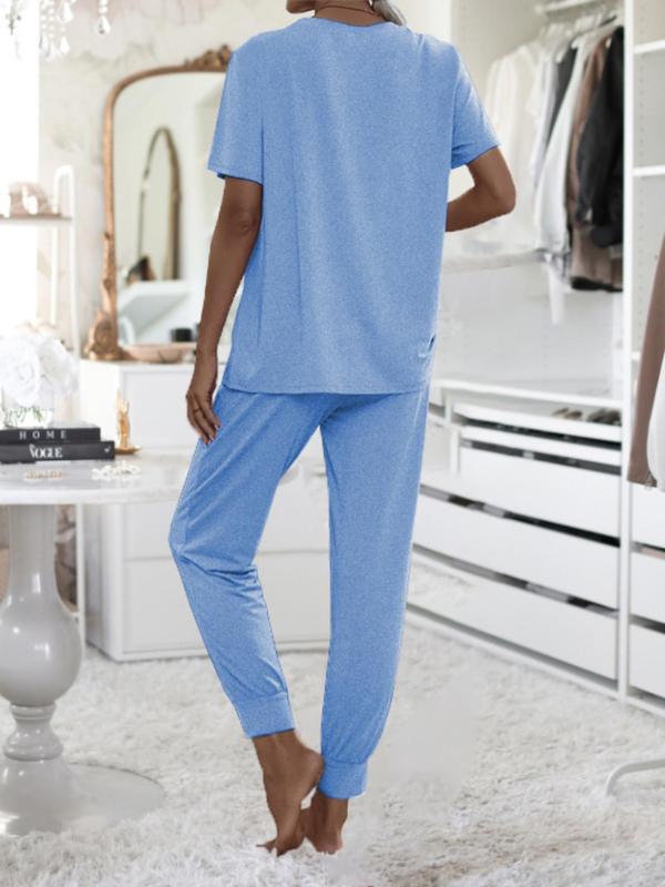 Women's Plain Round Neck Tee & Drawstring Waist Pants Pajama Set, Basic Crew Neck Short Sleeve T-shirt & Trousers Comfort Pajamas Set for Homewear, Two Piece Set, Pajama Sets Women, Casual Comfy Pyjama Set, Lady Sleepwear for Summer Black Girl Wear