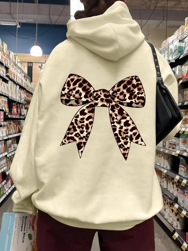 Women's Leopard  Bowknot Print  Thermal Lined Hoodie, Fashion Casual Drawstring Pocket Hooded Sweatshirt for Daily Holiday Outdoor Wear, Women Clothing for Fall & Winter