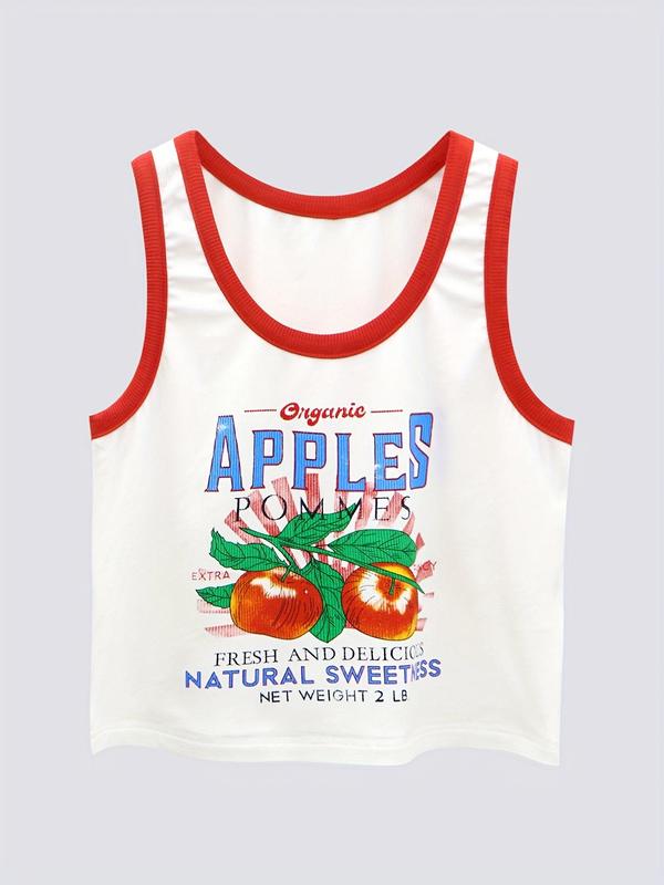 Women's Fruit & Letter Print Contrast Binding Crop Tank Top, Y2K Casual Tight-Fitting Sleeveless Round Neck Cropped Top for Summer, Women's Fashion Top for Daily Wear