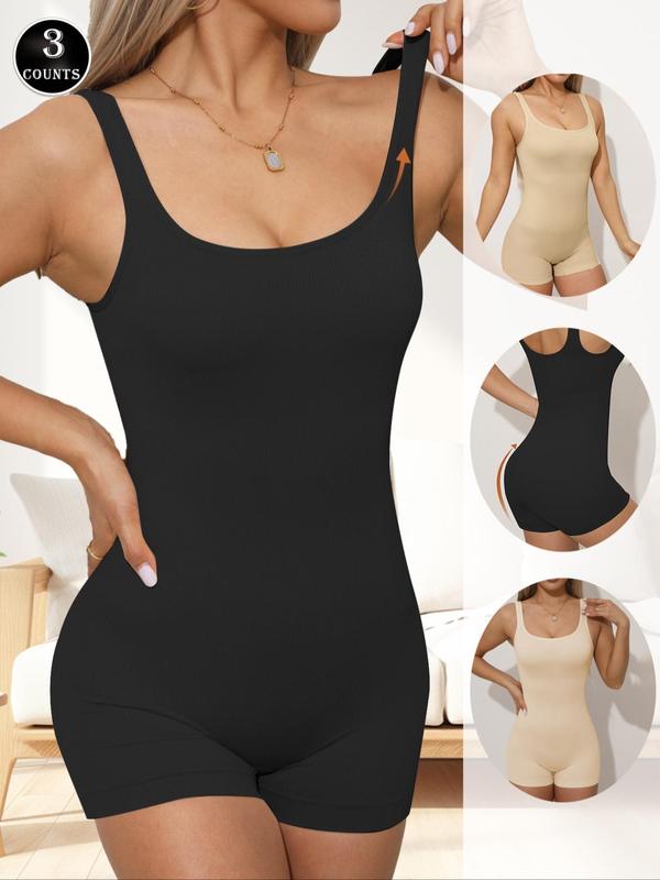 Women's Plain Ribbed Scoop Neck Sleeveless Shapewear Romper, Summer Clothes Women, Solid Body Contouring One Piece Bodysuit, Slimming Underwear for Lady, Back To School Clothes, Comfort Basic Versatile Women's Shapewear for Fall