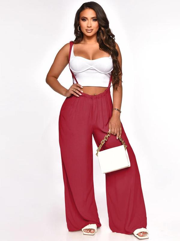 Women's Solid Drawstring Tie Back Wide Leg Pocket Suspender Pants, Baggy Pants Casual Loose Jumpsuit, Minimalist Summer Clothes, Trousers for Women, Summer Outfits, Women's Back To School Bottoms for Daily Wear, Fall Clothes