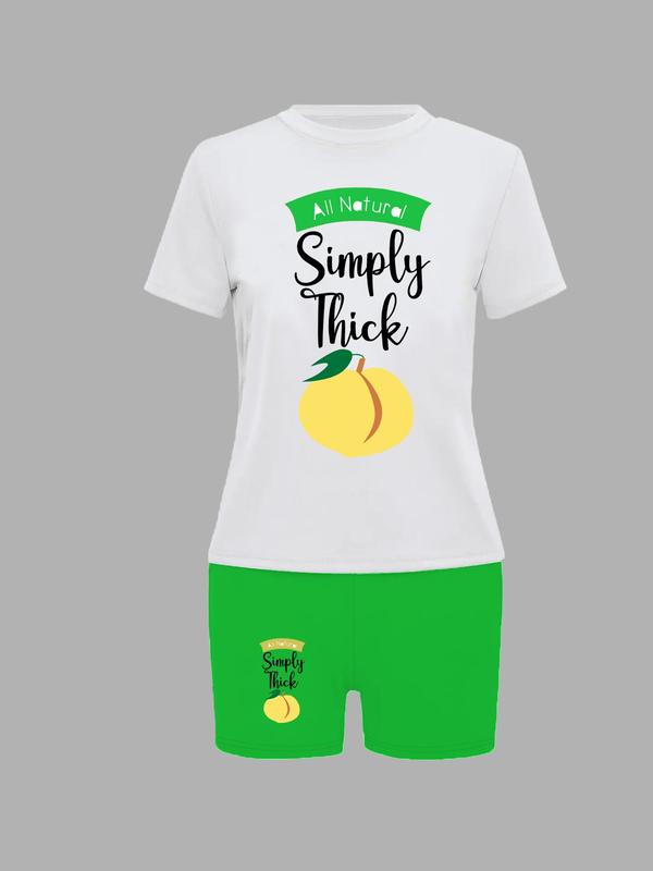 Two-Piece Set Women's Short Sleeve Graphic Tee & Skinny Shorts Matching Sets, Fruit Letter Print Round Neck T-shirt & Shorts Two Piece Set, Back-to-School Clothing, Casual Summer Outfits 2024 Sets for Daily Wear