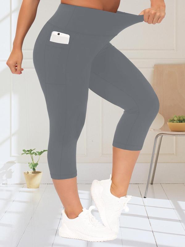 Plus Size Solid High Waist Pocket Capri Leggings, Casual Comfort Basic Skinny Capri Pants for Daily Womenswear, Leggings for Women, Women's Bottoms for Summer