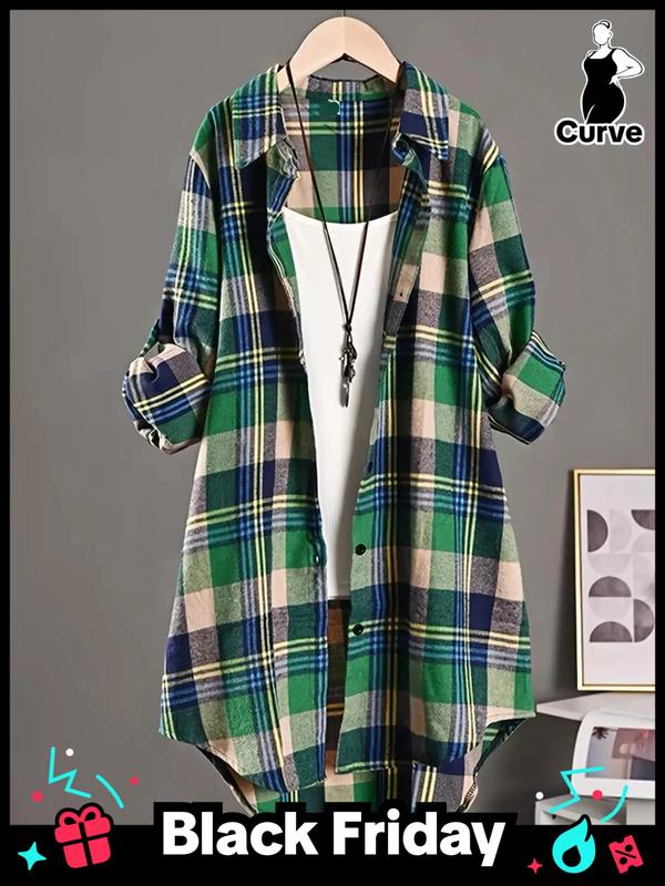  Plaid Print Button Front High Low Hem Shirt, Fall Clothing Women, Casual Long Sleeve Collared Top for Spring & Fall, Women's Clothes for Daily Wear Black Girl Outfits