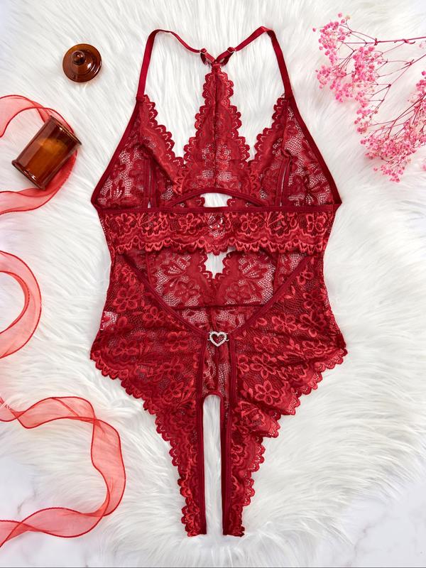 Women's Floral Lace Scallop Trim Cut Out Sheer Crotchless Sexy Lingerie Wear, Lingerie for Women, Bow Front Rhinestone Heart Decor Sleeveless Bodysuit, Ladies Summer Clothes, Women Sexy Lingerie, Summer Comfort,  Bodysuits for Women Basic