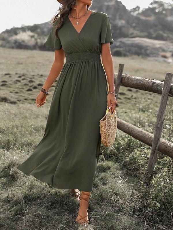 Women's Plain Split Thigh A Line Vintage Dress, Boho Shirred Butterfly Sleeve Long Dress for Beach Holiday Vacation, Back To School Clothes, Ladies Clothes for All Seasons,  Fall Dresses