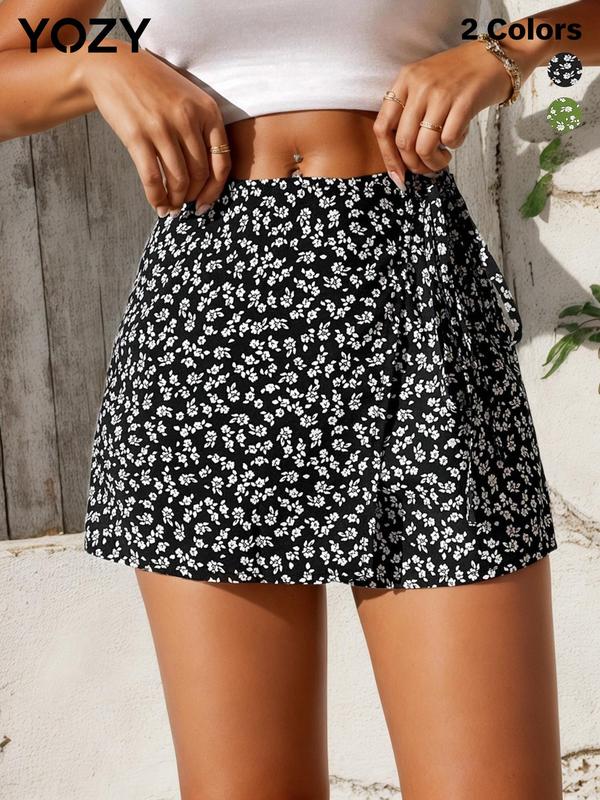 YOZY [4 colors, size 0 2-14] Boho Ditsy Floral Print Wrap Shorts  Tie side High Waist Shorts, 2024 Women's Summer Outfits for Beach, Holiday, Vacation, [XS-XXL]