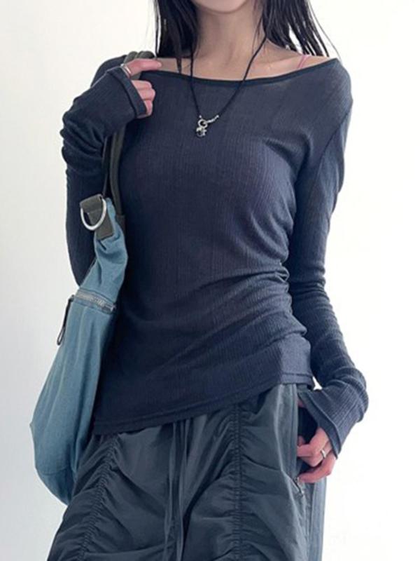 Women's Plain Backless Tie Back Boat Neck Knit Top, Casual Long Sleeve Solid Color Back To School Top for Spring & Fall, Women's Clothing, Women's Knitwear for Daily Wear