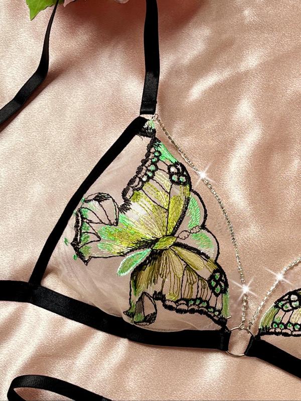 Women's Butterfly Embroidery Ring Linked Sheer Sexy Lingerie Set, Elegant Romantic Chain Decor Bra & Thong Set, Women's Lingerie & Underwear for All Seasons