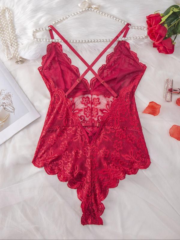  Criss Cross Backless Lace Thong Design Teddy Lingerie Bodysuit, Sexy Romantic Plain Deep V Neck Button Closure Crotch Cami Lingerie Bodysuit, Women's Sleepwear for Summer