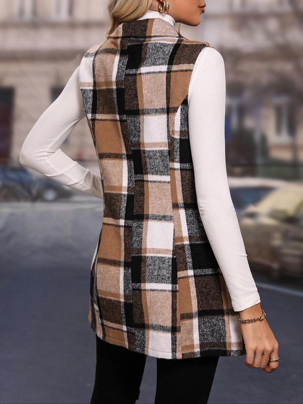 Women's Plaid Print Button Front Vest Jacket, Casual Lapel Sleeveless Outerwear for Spring & Fall, Ladies Clothes for Daily Wear