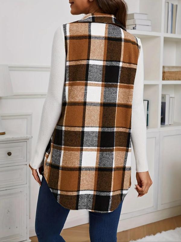 Women's Plaid Print Button Front Shirt Collar Vest Coat, Casual Pocket Sleeveless Outerwear for Daily Wear, Ladies Clothes for All Seasons