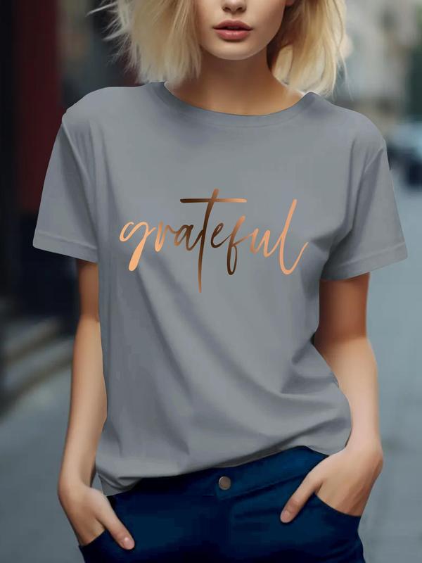 Women's Letter Print Shortsleeve T-shirt, Summer Clothes Women, Graphic Tees, Casual Comfort Graphic Round Neck Tee for Summer, Lady Top for Daily Womenswear