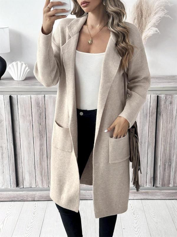 Women's Solid Color Drop Shoulder Pocket Open Front Cardigan, Casual Long Sleeve Lapel Neckline Knitwear for Fall & Winter, Fashion Women's Knit Clothing for Daily Wear