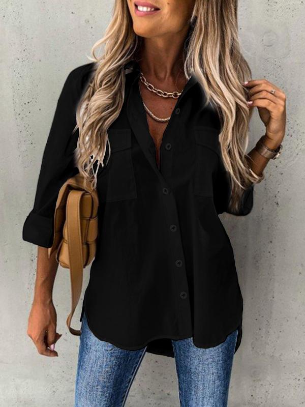 Women's Plain Button Front Pocket Shirt, Casual Long Sleeve Collared Top for Daily Wear, Going Out Tops, Ladies Clothes for All Seasons