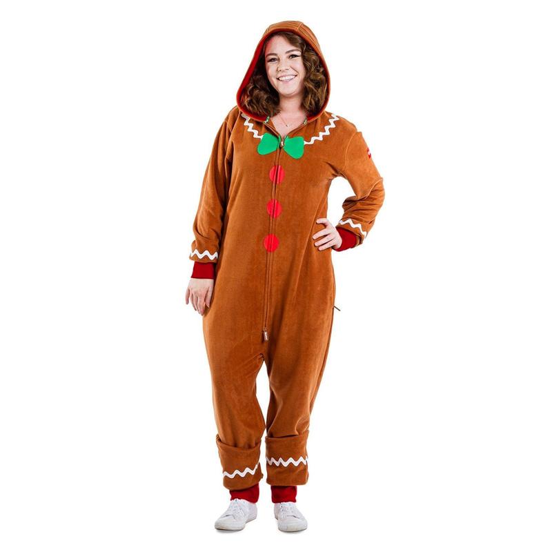 Adult Christmas Costume Gingerbread Family Outfit Long Sleeve Zipper Hooded Bodysuit Men and Women Party Role Play