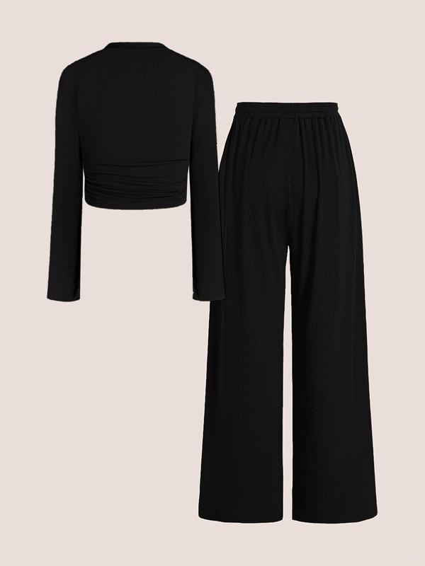 Two-Piece Set Women's Solid Color Ruched Tee & Drawstring Waist Pants, Casual Round Neck Long Sleeve Top & Wide Leg Trousers for Daily Wear, Ladies Two-piece Outfits for All Seasons