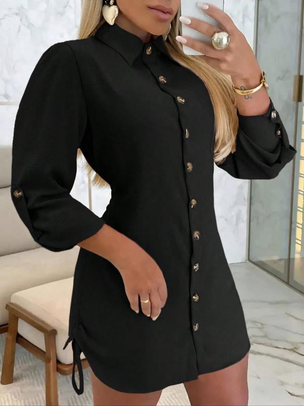 Women's Plain Long Sleeve Drawstring Button Front Shirt Dress, Casual Rolled Sleeve Collared Short Dress for Spring & Fall, Ladies Clothes for Daily Wear, Birthday Clothes