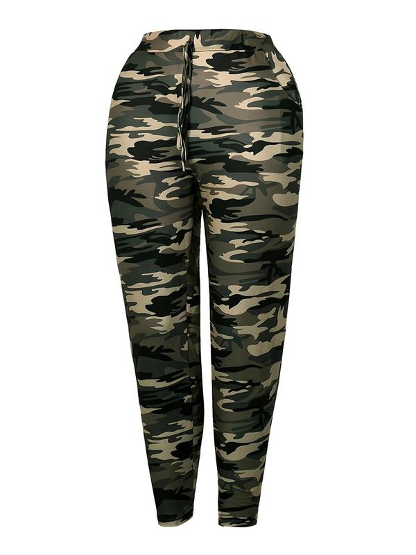 Plus Size Camo Print Drawstring Waist Leggings, Casual Pocket High Waist Skinny Pants for Women, Women's Bottoms for Spring & Fall