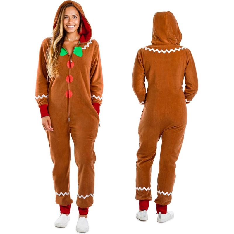 Adult Christmas Costume Gingerbread Family Outfit Long Sleeve Zipper Hooded Bodysuit Men and Women Party Role Play