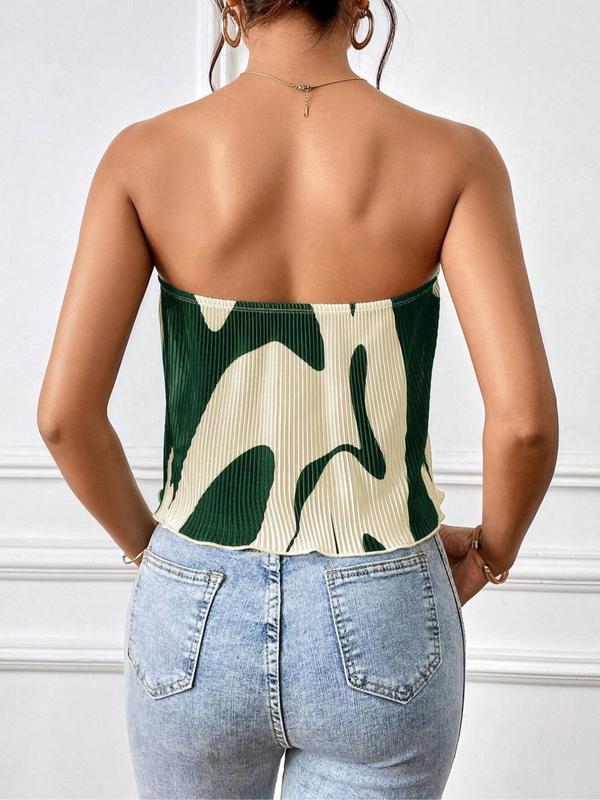 Women's Graphic Print Pleated Tube Top, Elegant Fashion Casual Sleeveless Top for Daily Outdoor Wear, Summer Outfits, Ladies Clothes for All Seasons