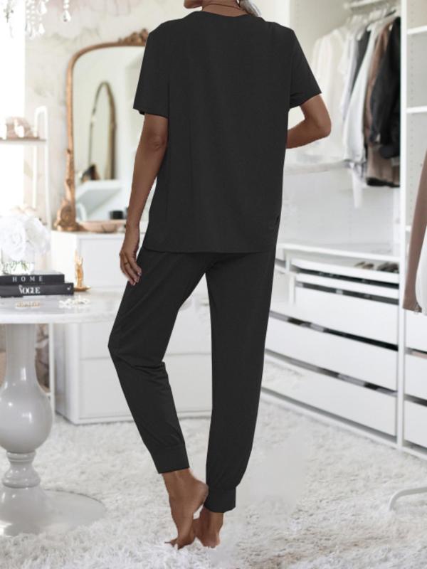 Women's Plain Round Neck Tee & Drawstring Waist Pants Pajama Set, Basic Crew Neck Short Sleeve T-shirt & Trousers Comfort Pajamas Set for Homewear, Two Piece Set, Pajama Sets Women, Casual Comfy Pyjama Set, Lady Sleepwear for Summer Black Girl Wear