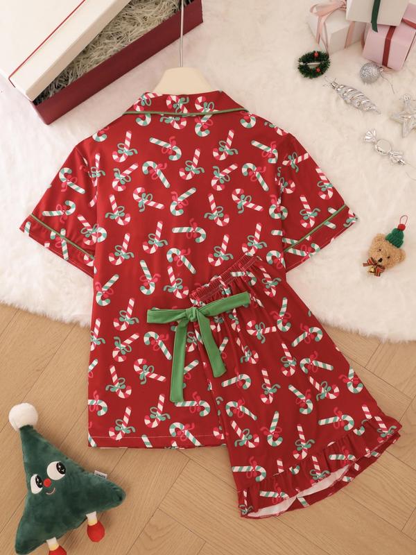 Two-Piece Set Women's Christmas Themed Contrast Binding Lapel Neck Pajama, Short Sleeve Button Front Shirt & Shorts PJ Set, Ladies Sleepwear for All Seasons