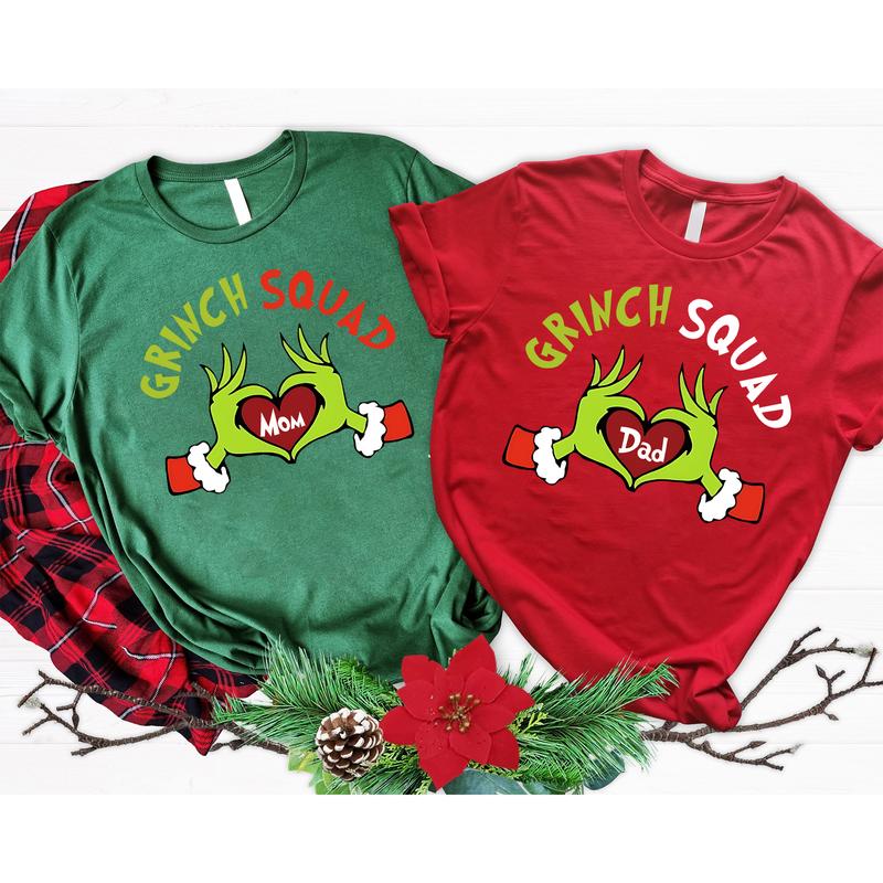 Custom Greenmas Family Tshirt, Christmas Matching Greenmas Squad Family Shirt, Greenmas Hand Heart Shirt, Christmas Family Dad Mom Son Casual Comfort