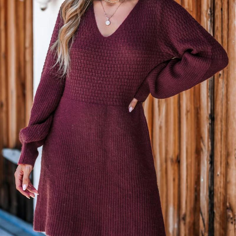 CUPSHE Black Friday Women's Fall Casual Sweater Dress V Neck Honeycomb Long Sleeve Textured Knit Pullover Dresses Womenswear