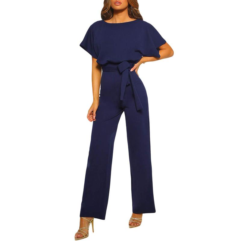 Women Jumpsuit, Elegant Short Sleeve Hollowed Waist Tie Solid Summer Wide Leg Pants Womenswear Belt Light Overalls