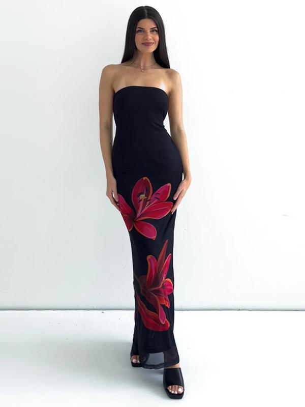 Women's Floral Print Backless Bodycon Tube Dress, Elegant Strapless Tie Back Dress for Party Club Dating Wear, Dresses for Women, Ladies Summer Clothes, Homecoming Dresses