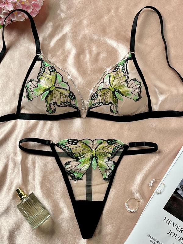 Women's Butterfly Embroidery Ring Linked Sheer Sexy Lingerie Set, Elegant Romantic Chain Decor Bra & Thong Set, Women's Lingerie & Underwear for All Seasons