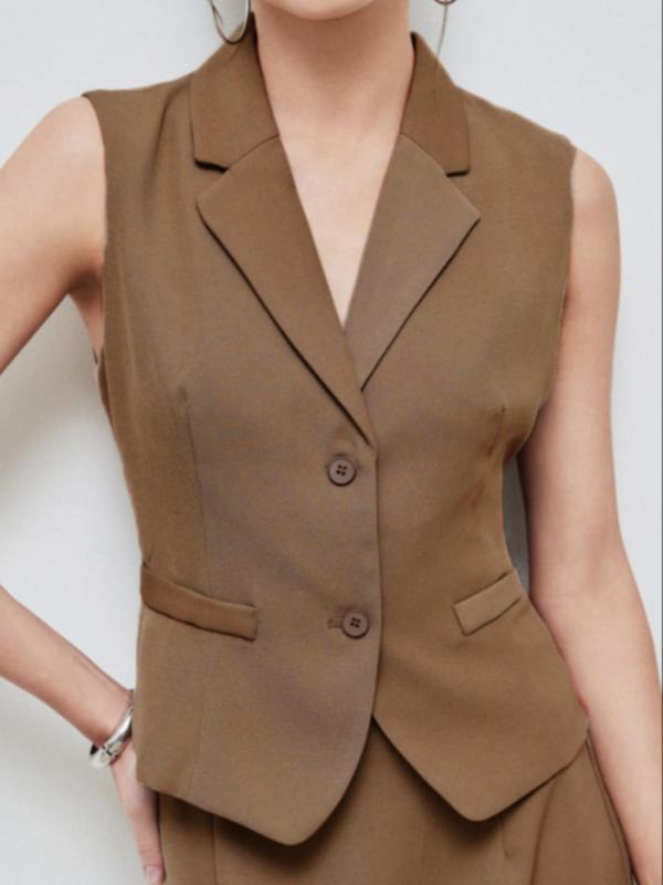 Women's Solid Button Front Pocket Vest Blazer, Casual Collared Sleeveless Outerwear for Work Office Business, Ladies Clothes for All Seasons