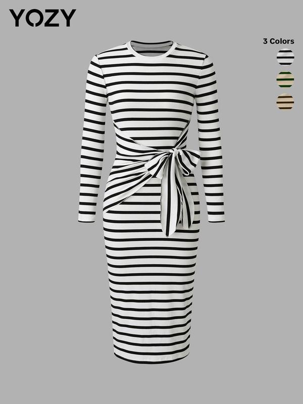 YOZY Black Friday Deals, [size 4-14] Striped Print Knot Side Midi Dress  Casual Long Sleeve Round Neck Dress, 2024 Women's All Seasons Outfits for Daily Wear,  Thanksgiving Clothes, Christmas 2024 Trend, Thanksgiving Clothes, Fall Clothes, Winter Clothes