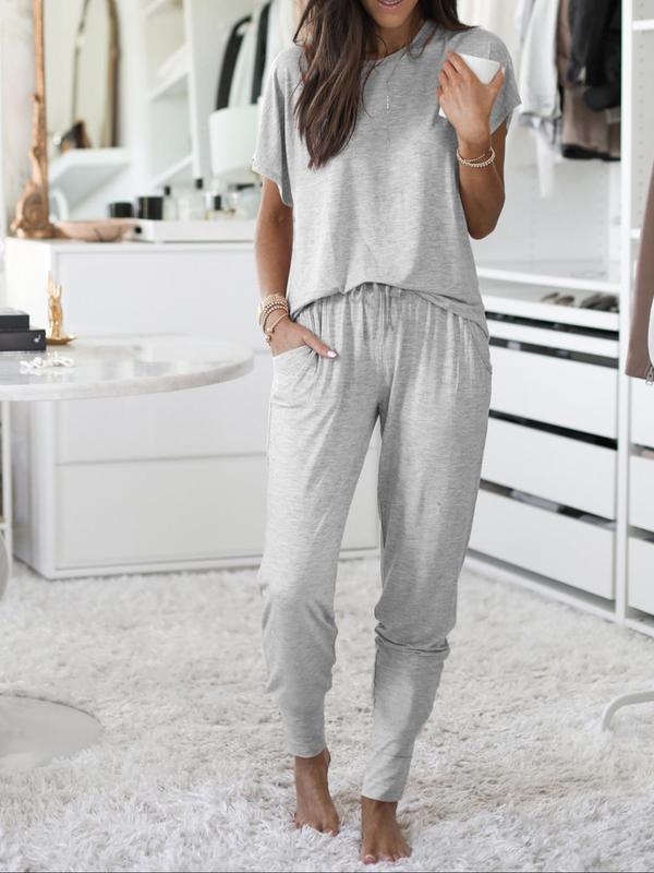 Women's Plain Round Neck Tee & Drawstring Waist Pants Pajama Set, Basic Crew Neck Short Sleeve T-shirt & Trousers Comfort Pajamas Set for Homewear, Two Piece Set, Pajama Sets Women, Casual Comfy Pyjama Set, Lady Sleepwear for Summer Black Girl Wear