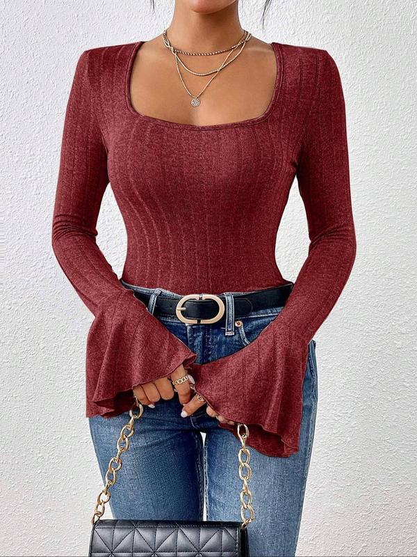 Women's Plain Ruffle Trim Flounce Sleeve Tee, Elegant Square Neck Long Sleeve T-shirt for Spring & Fall, Women's Clothing for Daily Wear